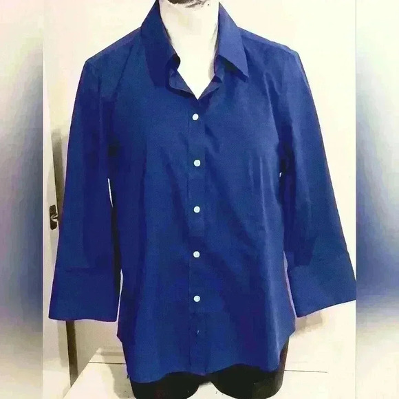 Women's Talbots Petite sz10Classic Three Quarter Sleeve Indigo Blue Button Down - Picture 1 of 10